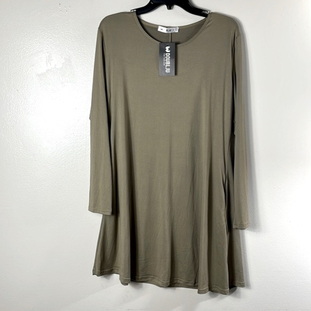 Doublju Long Sleeve tan Scoop Neck Stretch Knit Swing Green Mini Dress Women’s L